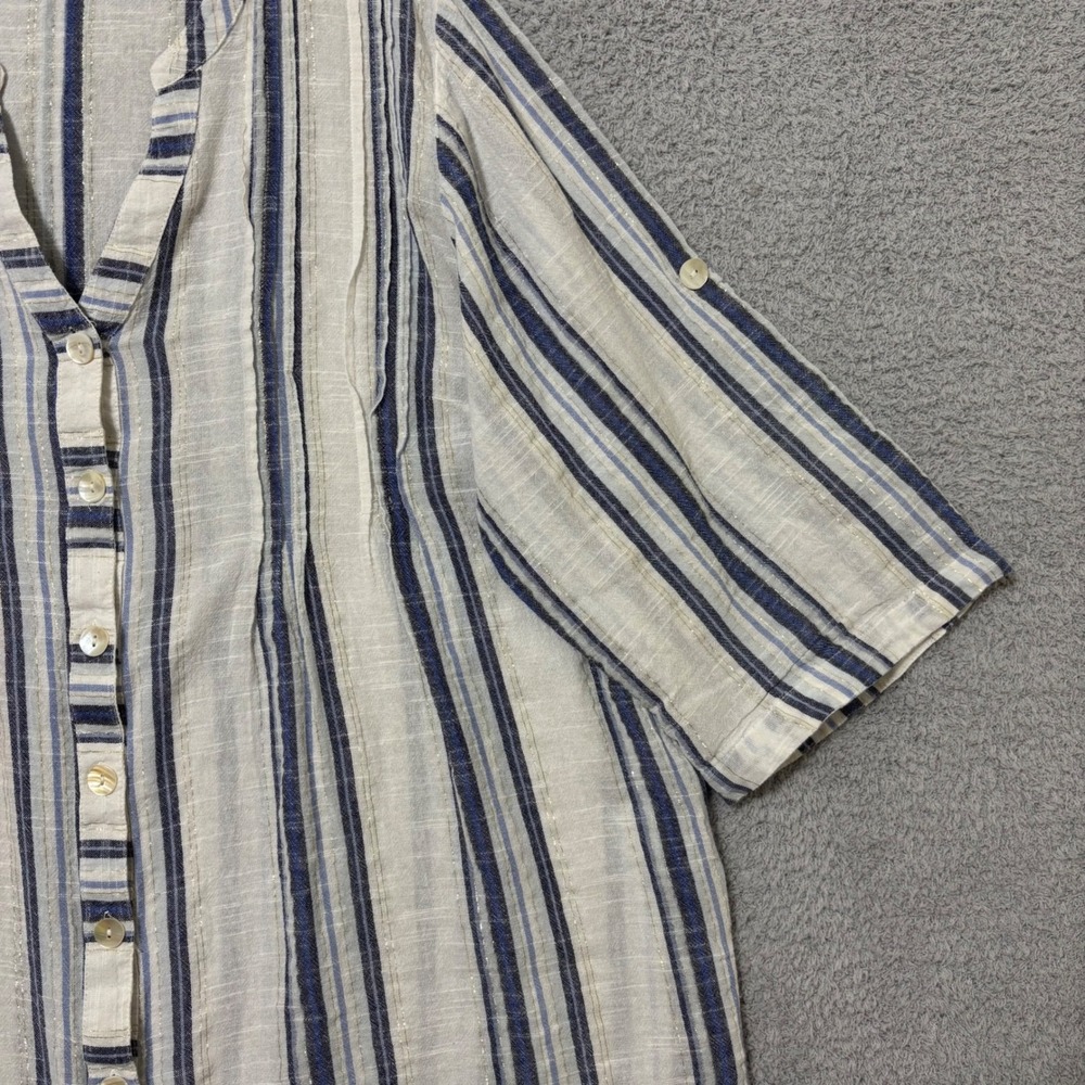 Comfortable Cotton Blend Blouse Roll Tab Sleeve Lightweight Blue Stripe 3X - Picture 4 of 9